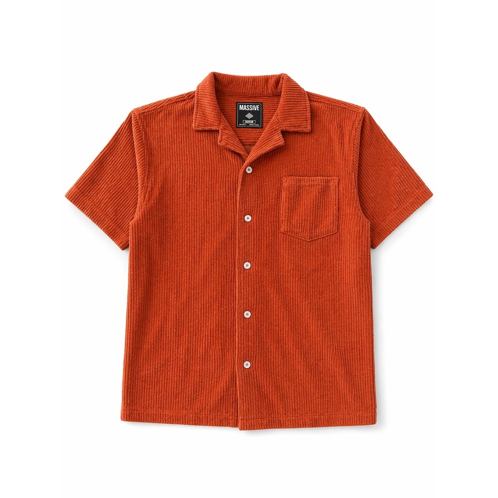 Massive Mens Burnt Orange light Corduroy Short Sleeve Collar Button Down Shirt M - Picture 2 of 5